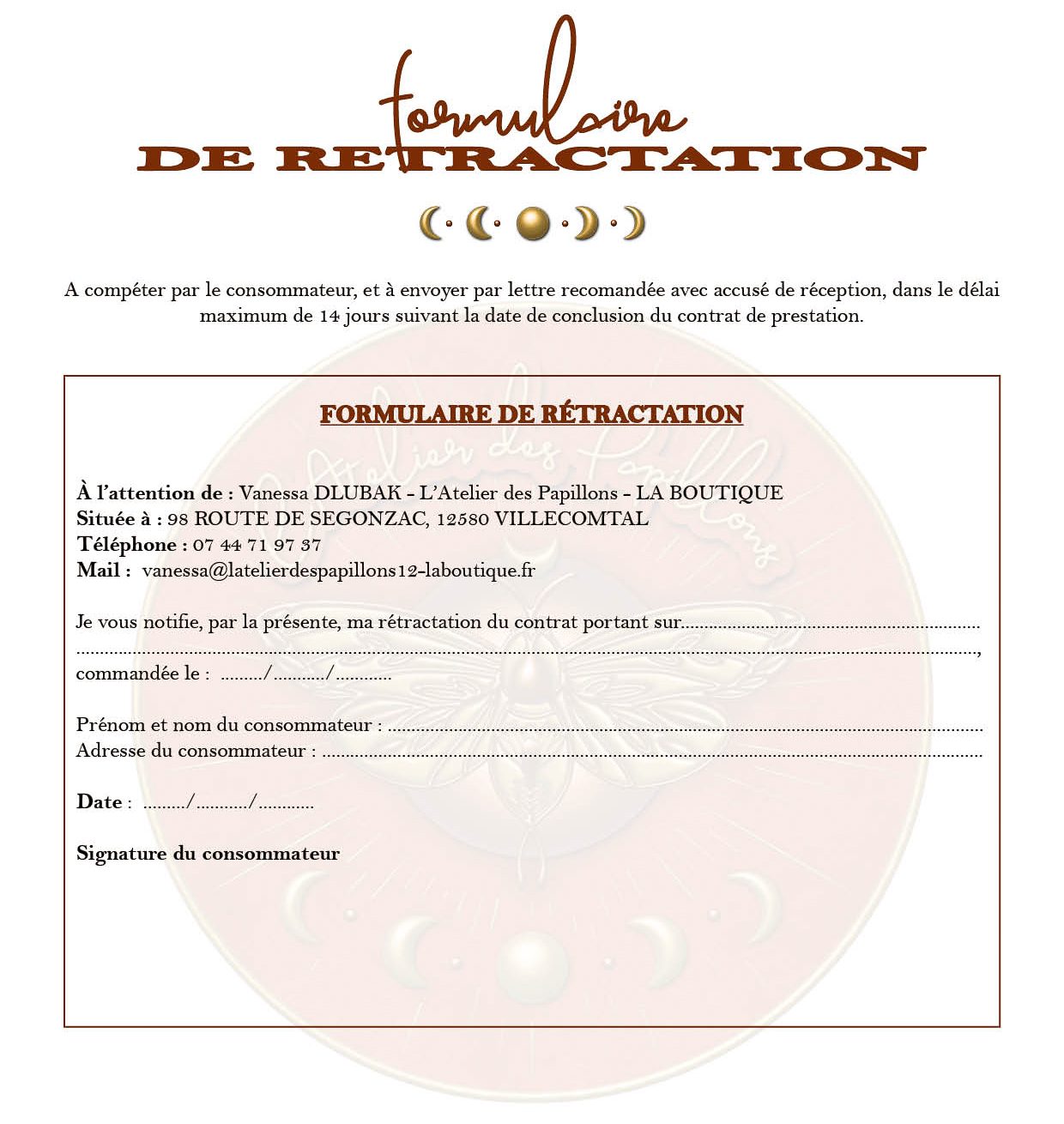 formulaire de rétractation L'Atelier des Papillons - LA BOUTIQUE